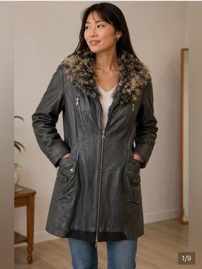 Danier Black Leather Coat with Curly Fur Collar